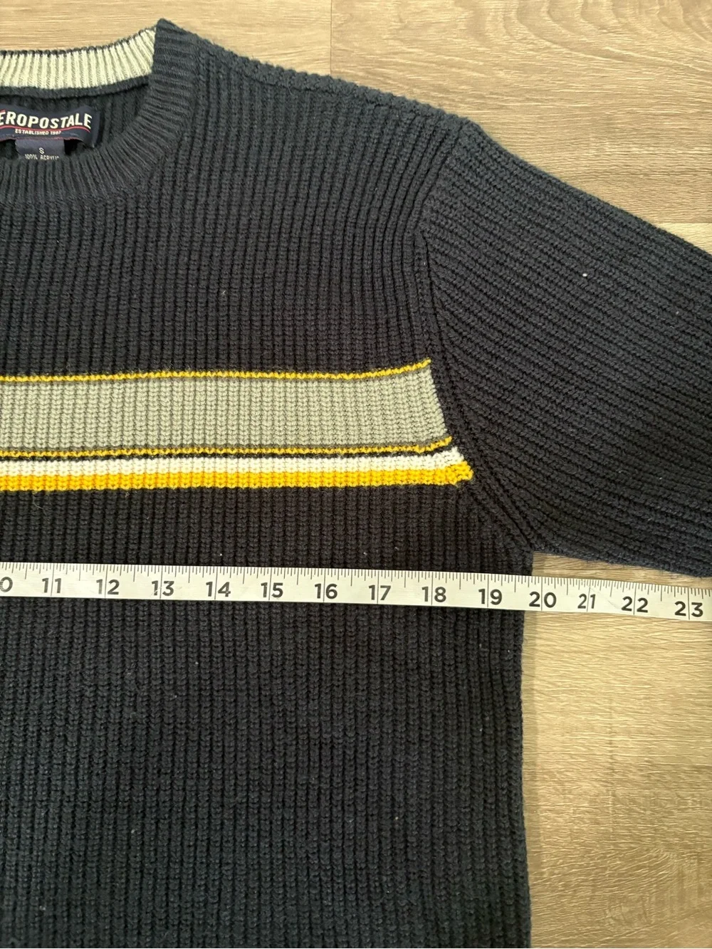 Aeropostale Men's Blue Ribbed Crewneck Sweater with Yellow & Gray Stripe